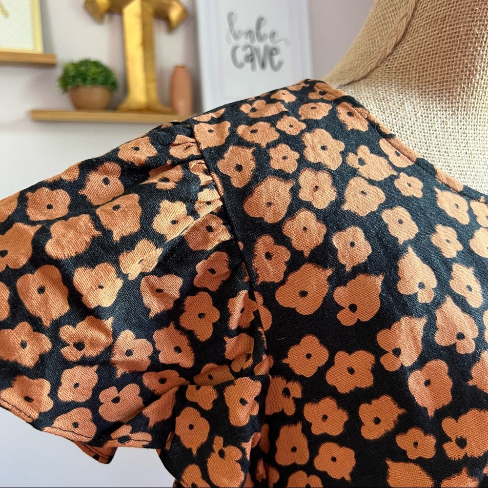 Linen Blend Ditzy Floral Leopard Print Ruffle Blouse - Picture 3 of 13